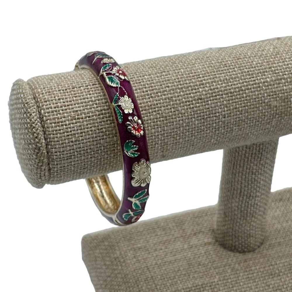Jiu Long Xing Purple Enamel Floral Hinged Gold Tone Bangle Bracelet 2.25